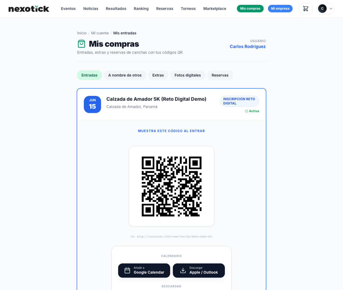 Mis compras: tu entrada con el código QR que muestras al ingresar.