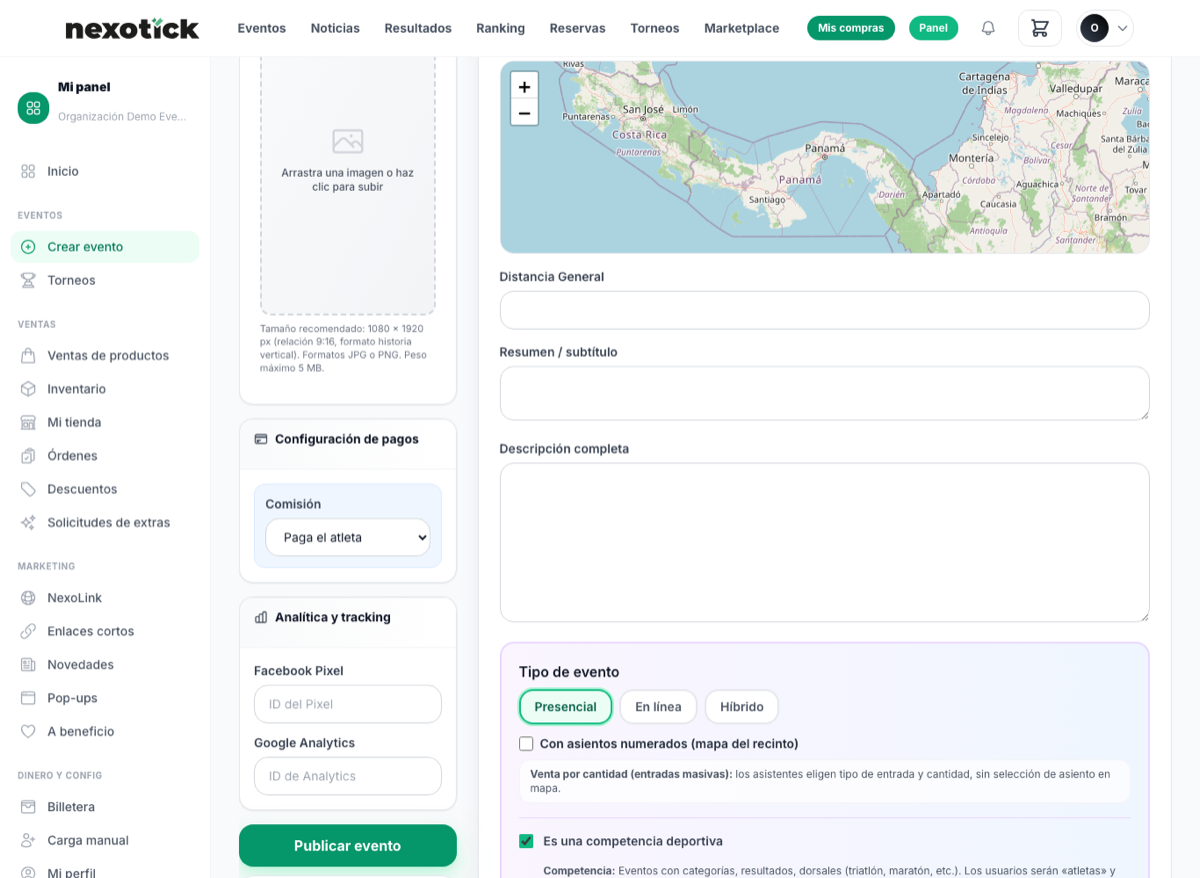 Configuración de pagos: elige quién paga la comisión. Debajo está el botón para publicar.