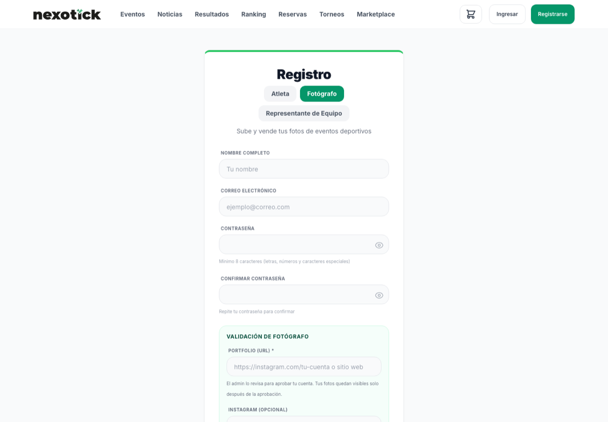 Registro de fotógrafo: datos básicos y el portafolio para validar tu cuenta.